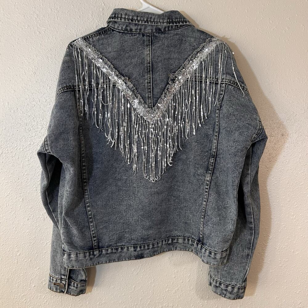 Western Denim Slouch Jacket Sequin Fringe Back Women Large
